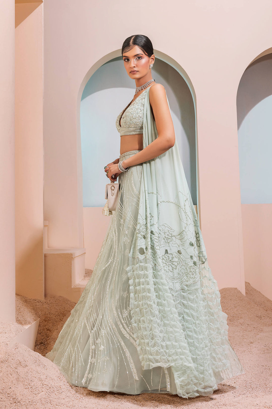 Mint Green Waves Lehenga With Iris Blouse And Smocked Armhole Dupatta