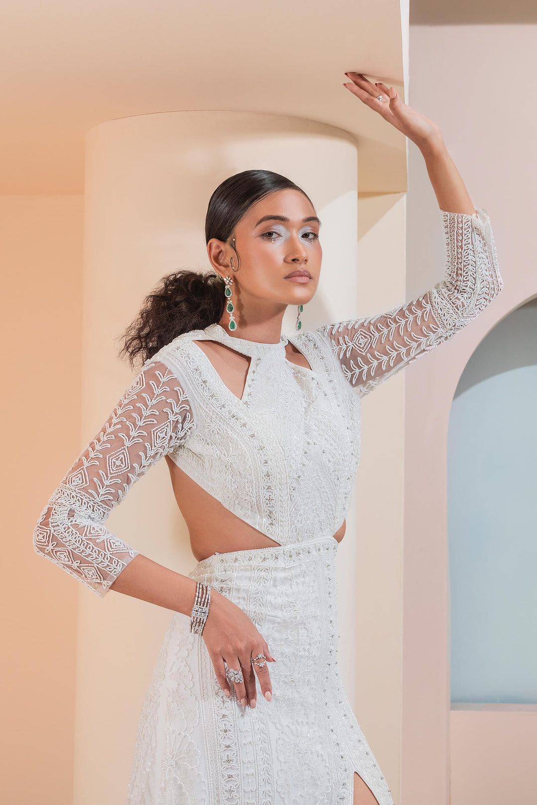 Ivory Beaded Gown With Cutout Shoulder And Train