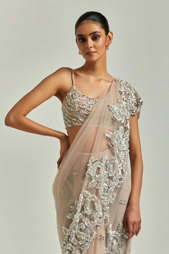 Pink Tulle Saree With Sequins Work Aanchal