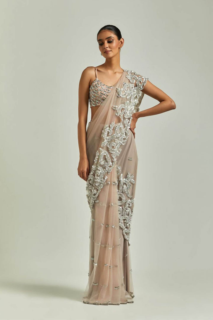 Pink Tulle Saree With Sequins Work Aanchal
