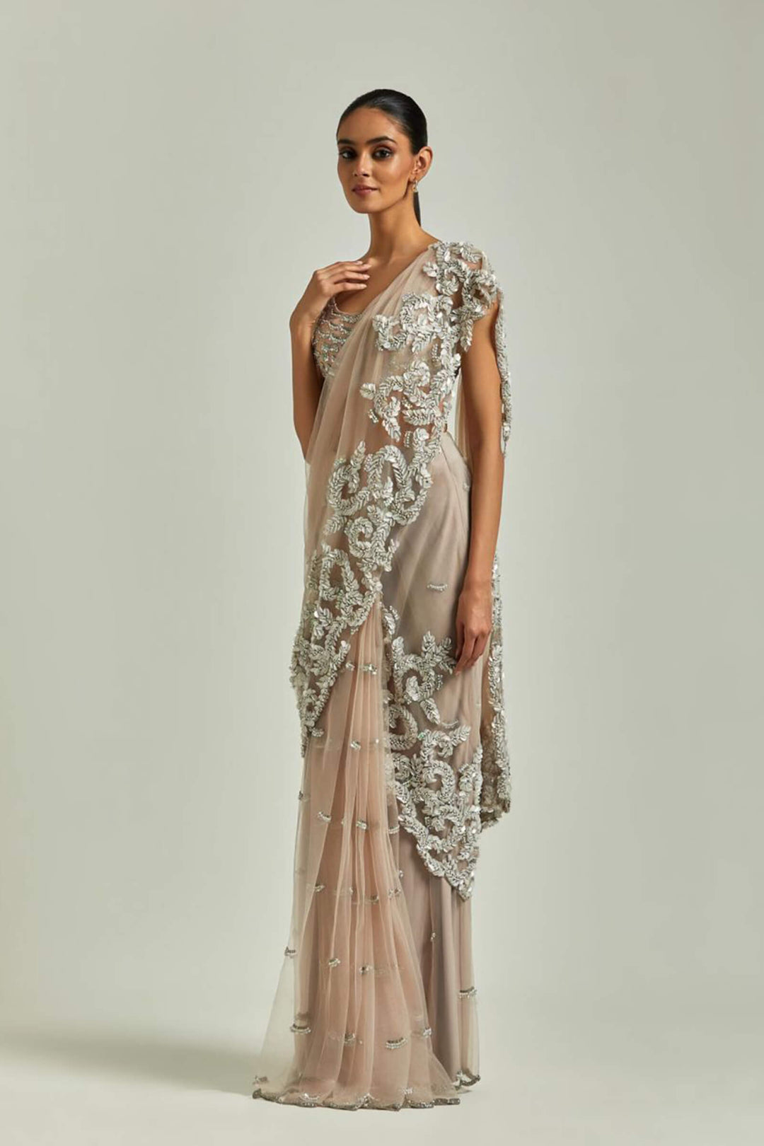 Pink Tulle Saree With Sequins Work Aanchal
