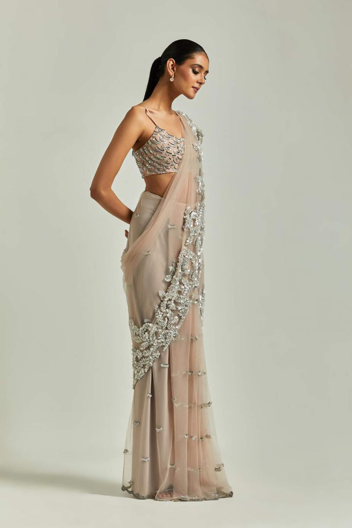 Pink Tulle Saree With Sequins Work Aanchal
