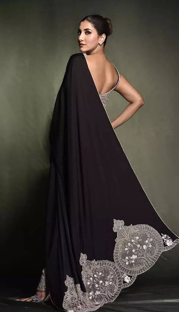 Black Satin Pant Saree With Embroidered Tulle Inlays And Beaded Tie Up Blouse