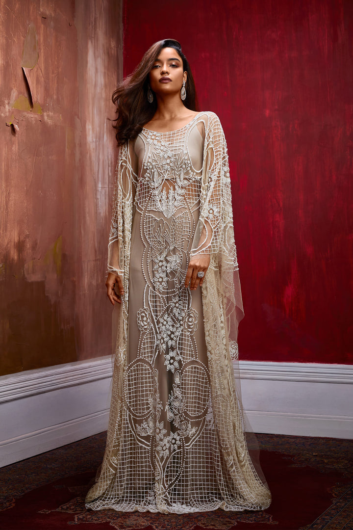 Nude Tulle Kaftan With Beadwork
