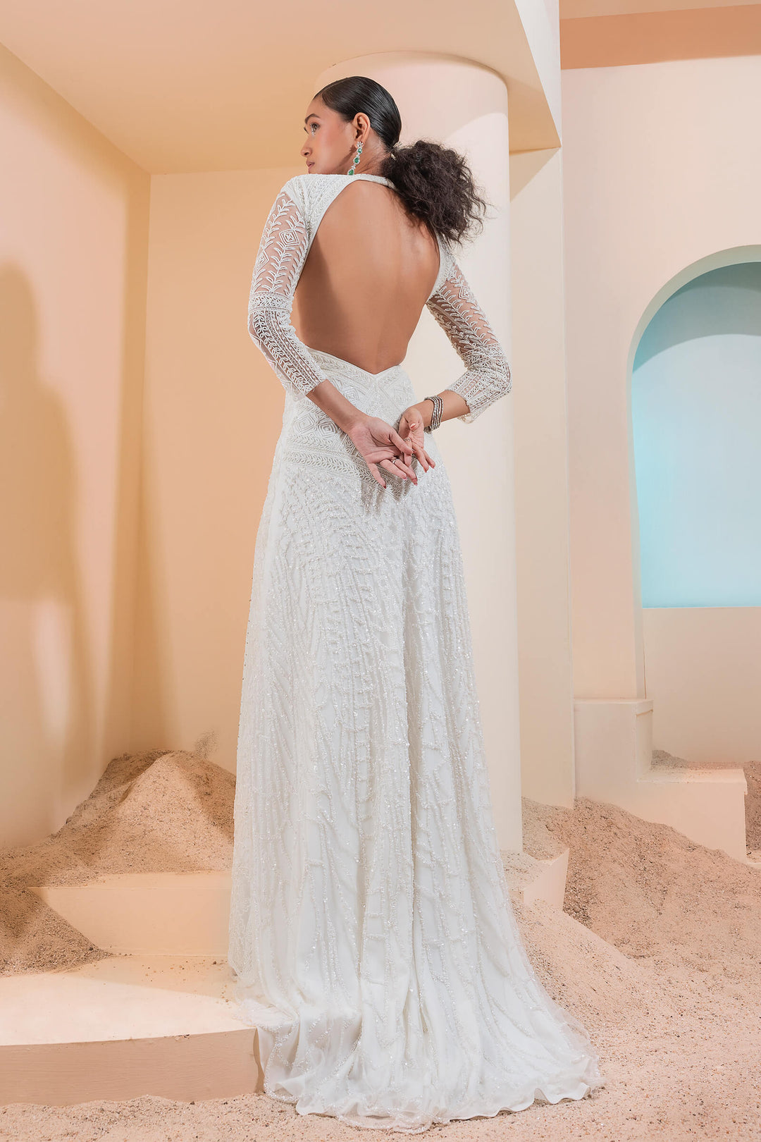 Ivory Beaded Gown With Cutout Shoulder And Train