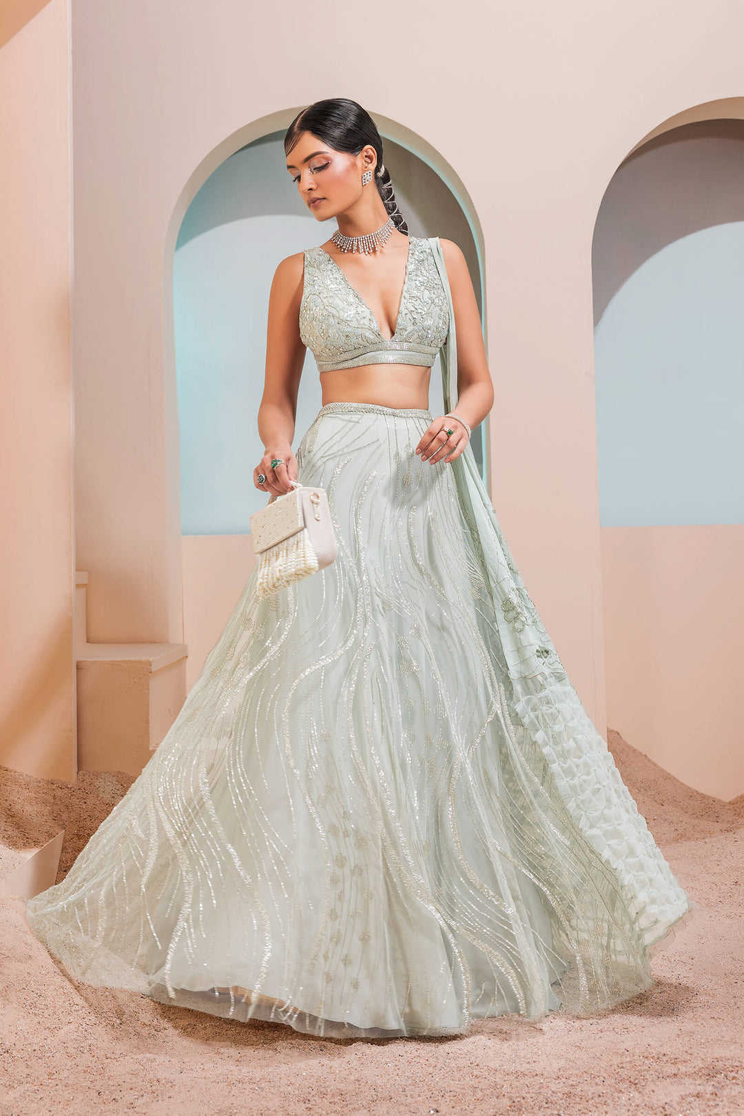 Mint Green Waves Lehenga With Iris Blouse And Smocked Armhole Dupatta