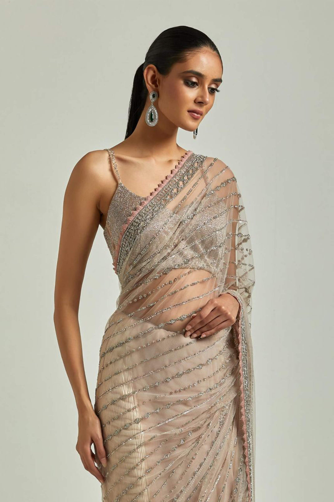 Pink Sworowski Saree With Silver Beaded Blouse
