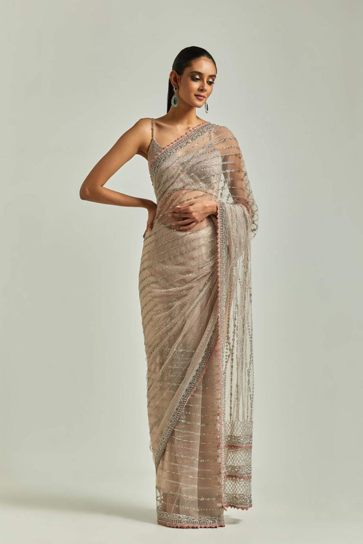Pink Sworowski Saree With Silver Beaded Blouse