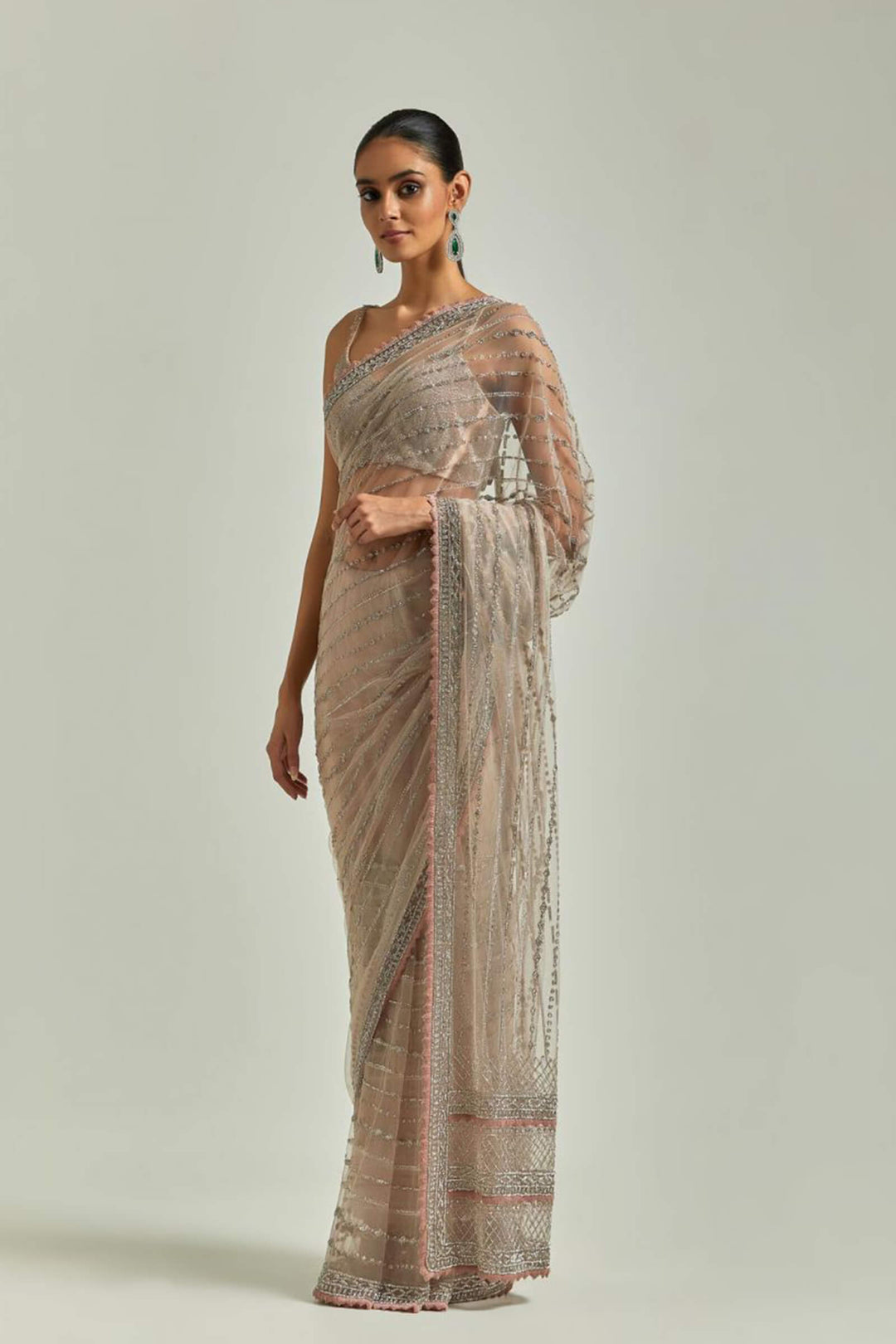 Pink Sworowski Saree With Silver Beaded Blouse