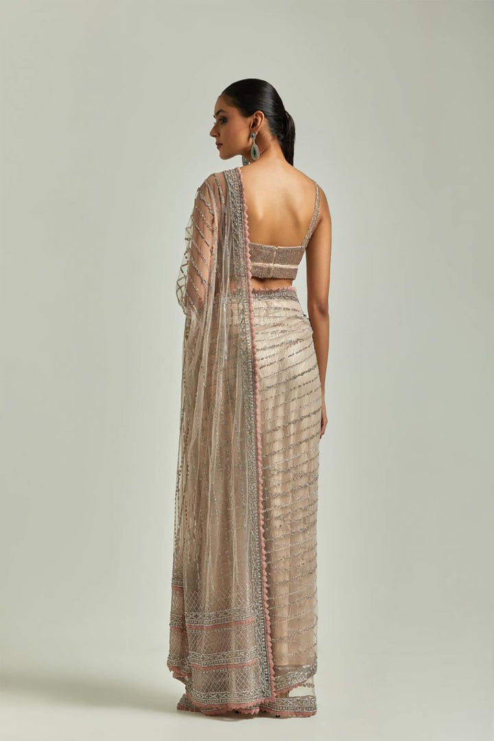 Pink Sworowski Saree With Silver Beaded Blouse