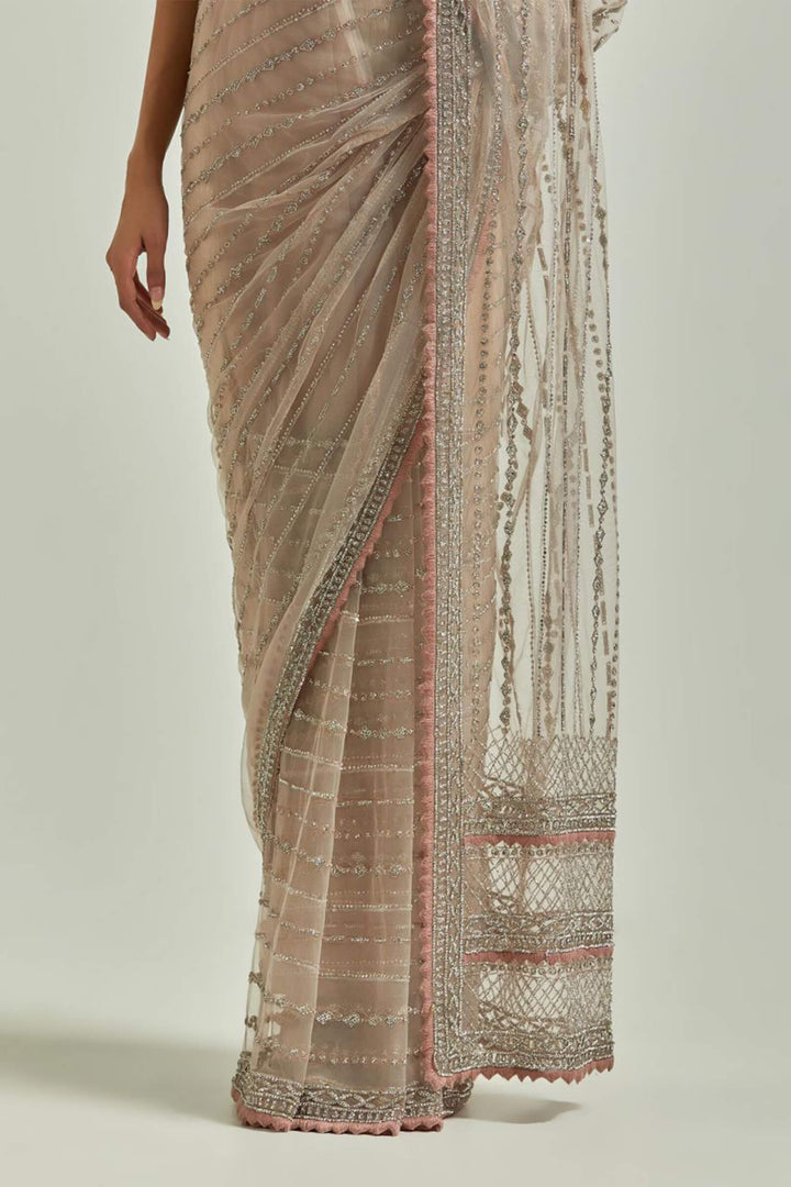 Pink Sworowski Saree With Silver Beaded Blouse