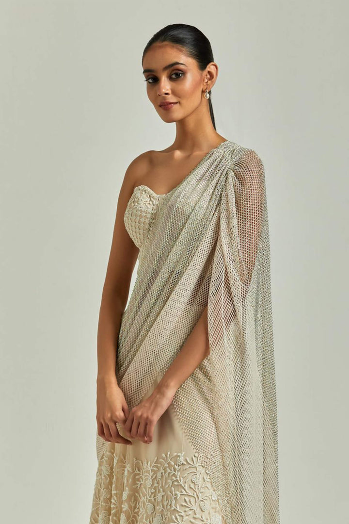Cream Lehanga Saree With Rhinestone Aanchal And Cream Corset