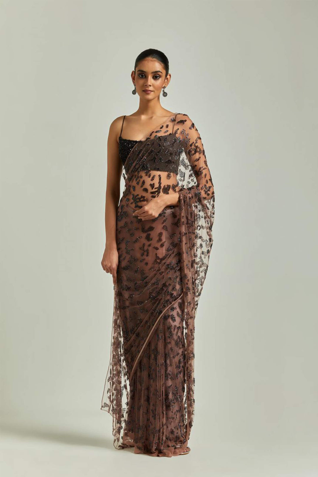Burnt Pink Prestitched Tulle Saree Embellished With Bugle Beads And Sequinned Blouse With Noodle Straps