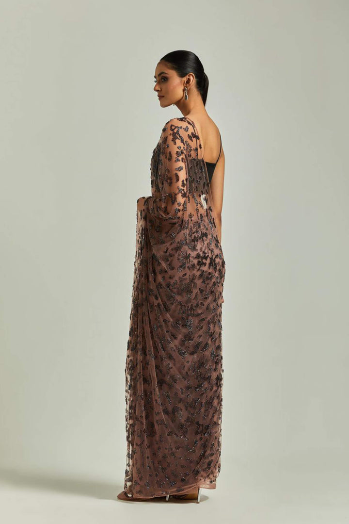 Burnt Pink Prestitched Tulle Saree Embellished With Bugle Beads And Sequinned Blouse With Noodle Straps