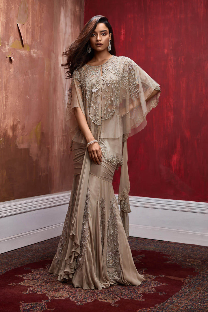 Nude Fishtail Draped Saree With Tulle Inlays, Beaded Blouse And Tulle Cape