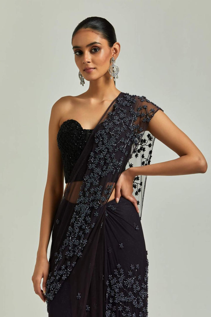 Purple Saree Garden City With Beaded Black Corset