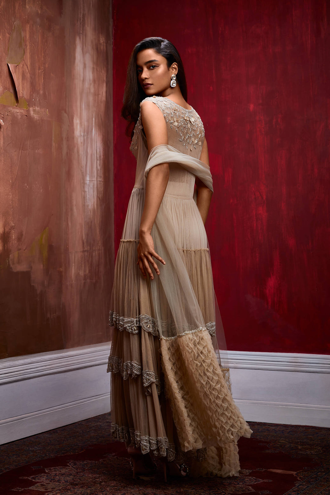 Nude Tiered Front Open Tunic With Organza Yoke, Trousers And Smocked Stole