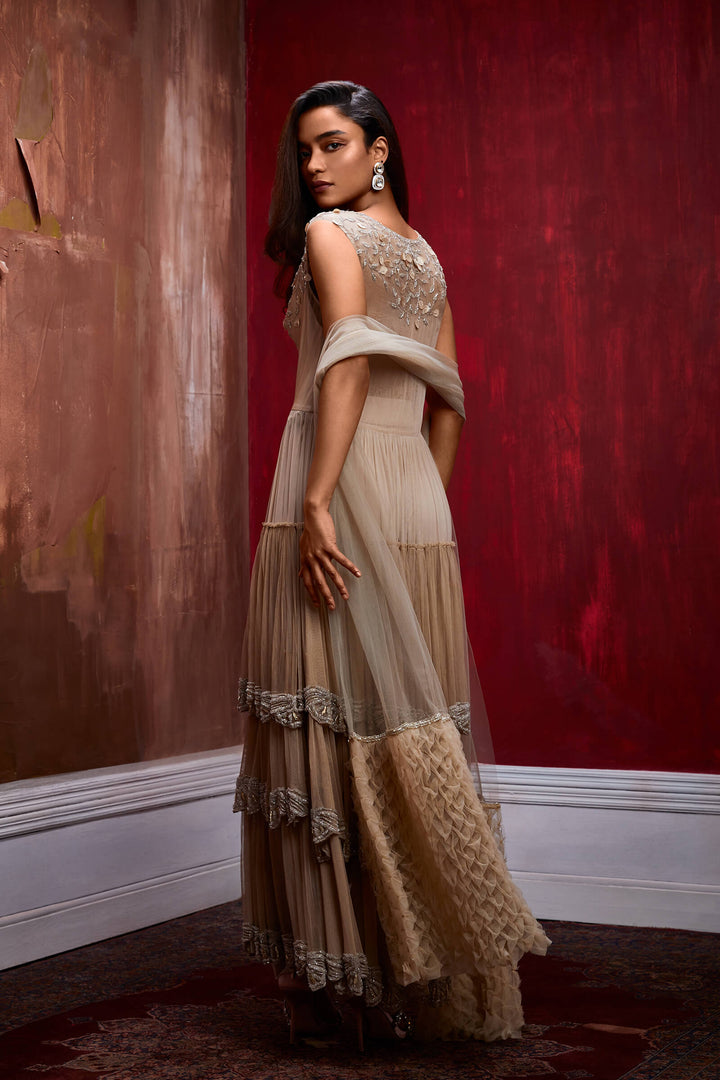 Nude Tiered Front Open Tunic With Organza Yoke, Trousers And Smocked Stole