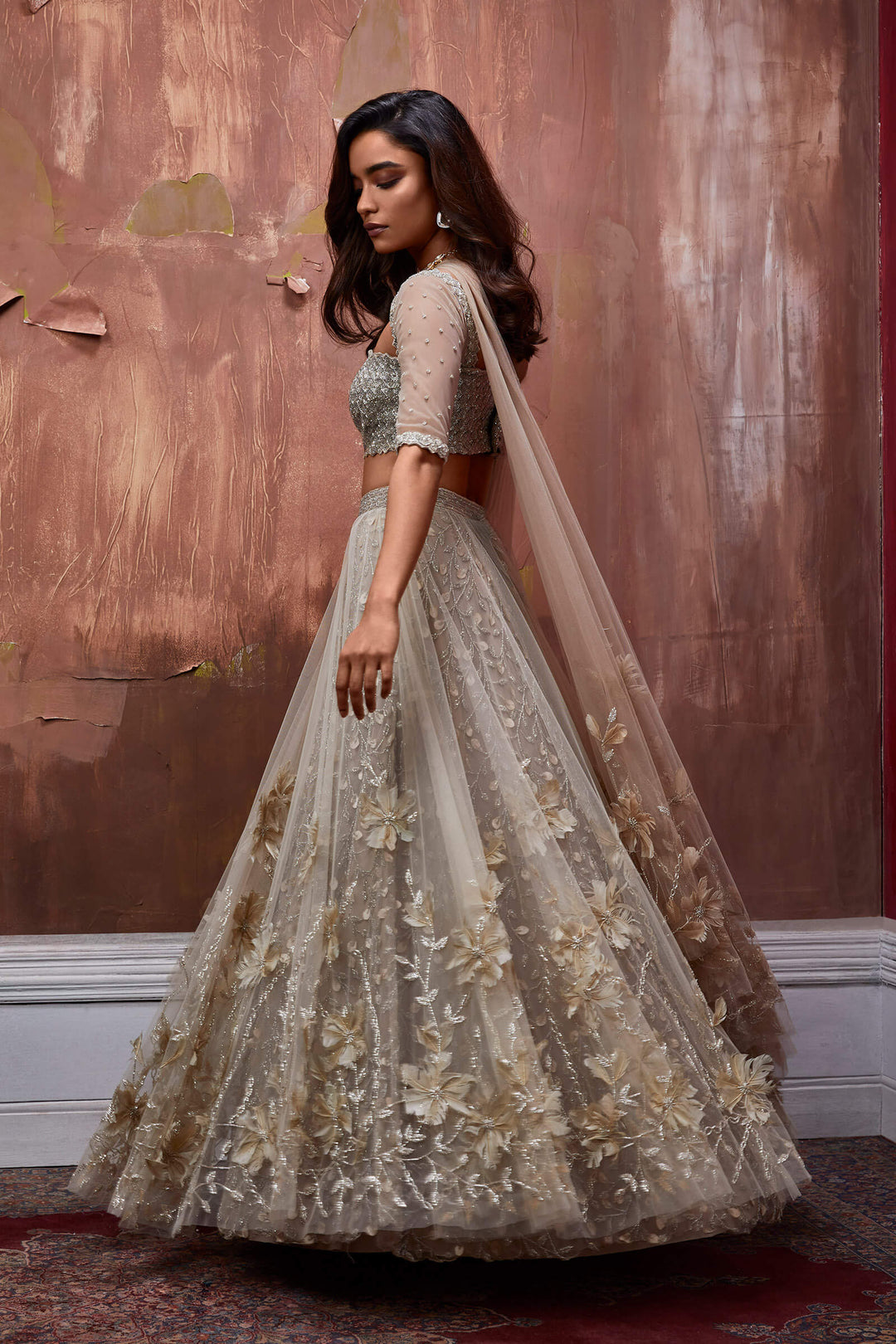 Nude Layered Lehenga With 3d Flower Embroidery And Beaded Underlayer, Beaded Blouse And Embellished Dupatta