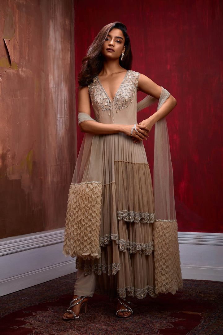 Nude Tiered Front Open Tunic With Organza Yoke, Trousers And Smocked Stole