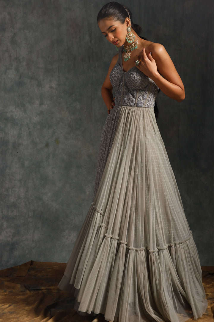 Grey Tulle Gown With Structured Shoulder