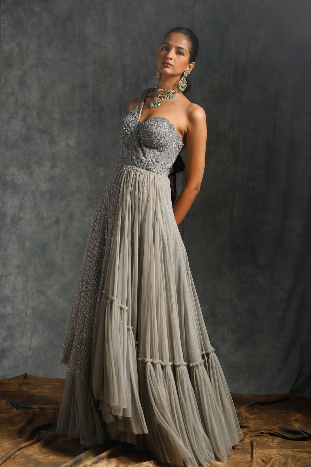 Grey Tulle Gown With Structured Shoulder