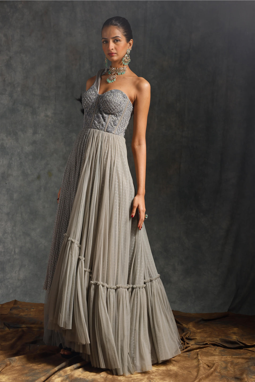 Grey Tulle Gown With Structured Shoulder