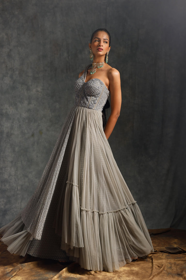 Grey Tulle Gown With Structured Shoulder
