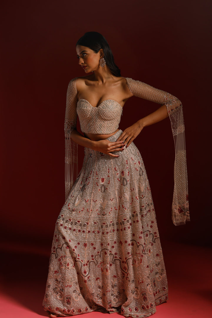 Pale Pink Bahaar Lehenga With Embellished Corset Blouse And Detachable Infinity Sleeves