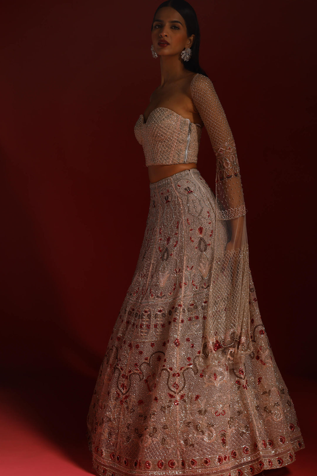 Pale Pink Bahaar Lehenga With Embellished Corset Blouse And Detachable Infinity Sleeves