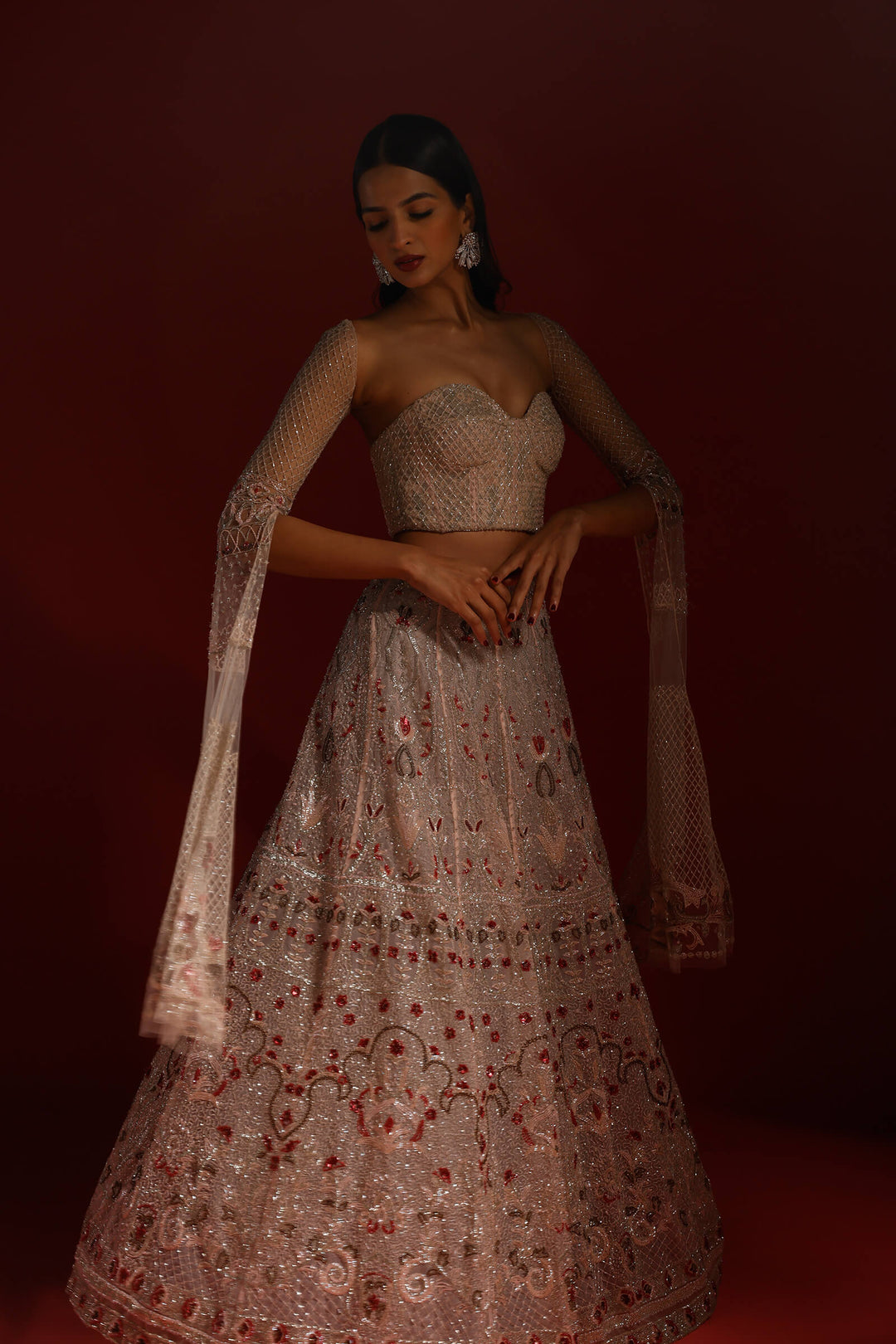 Pale Pink Bahaar Lehenga With Embellished Corset Blouse And Detachable Infinity Sleeves