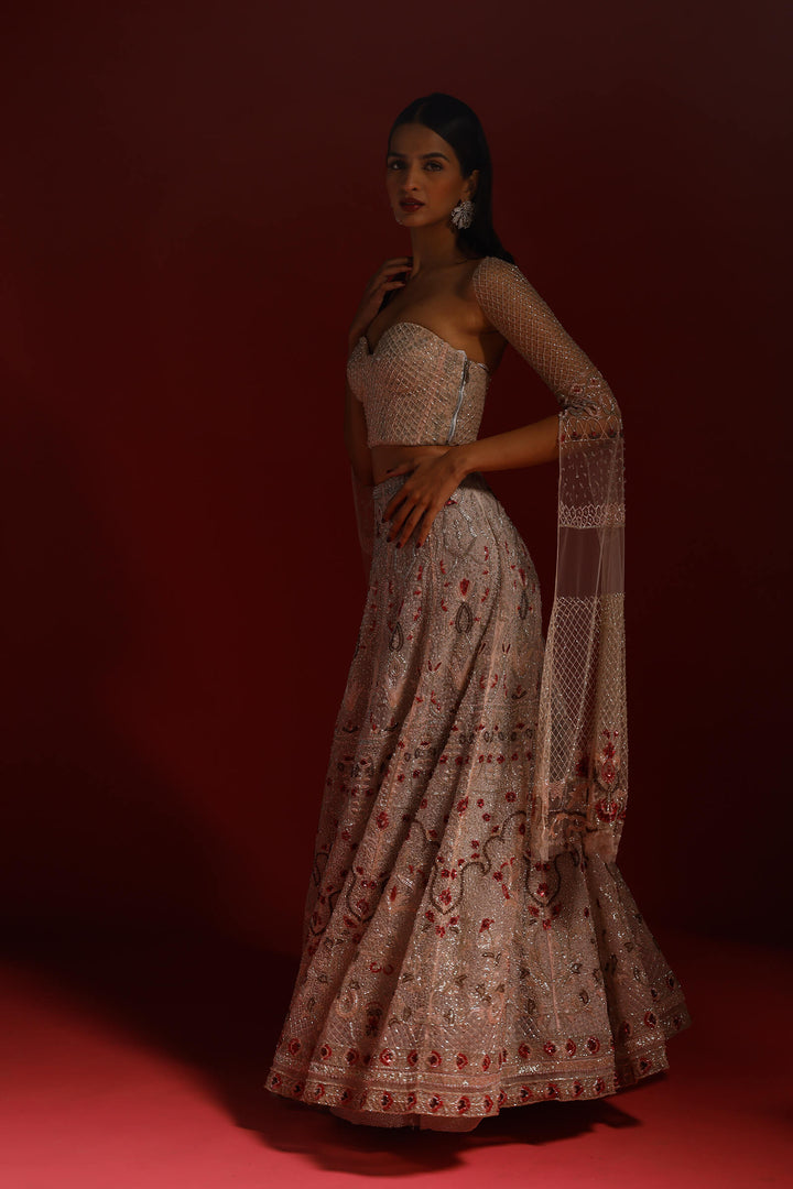 Pale Pink Bahaar Lehenga With Embellished Corset Blouse And Detachable Infinity Sleeves