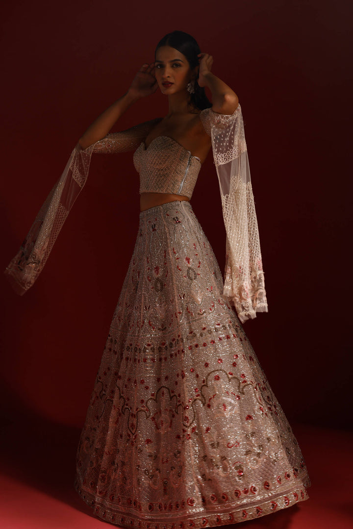 Pale Pink Bahaar Lehenga With Embellished Corset Blouse And Detachable Infinity Sleeves