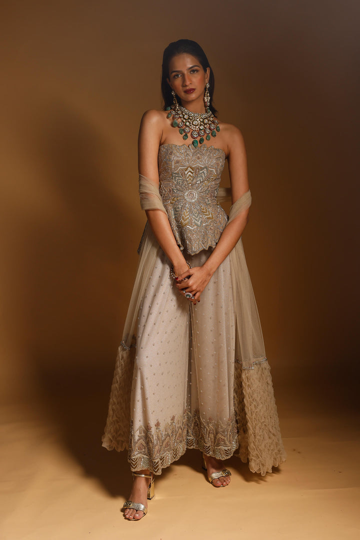 Nude Hand Embroidered Pepum Corset With Sharara And Smocked Stole