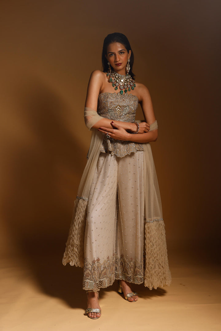 Nude Hand Embroidered Pepum Corset With Sharara And Smocked Stole