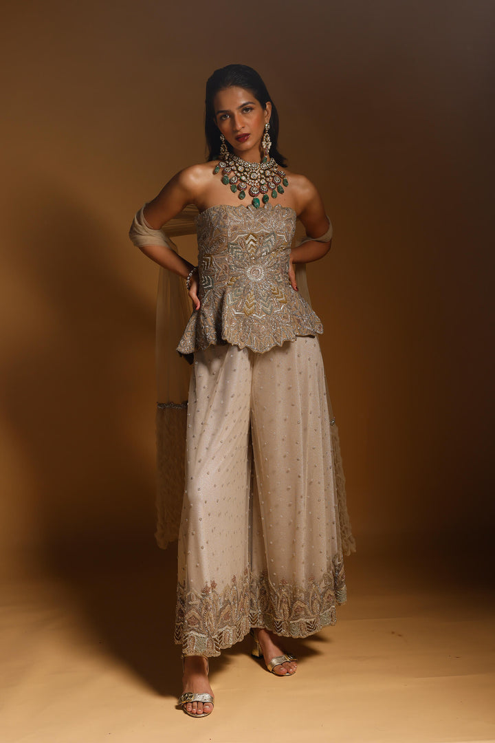 Nude Hand Embroidered Pepum Corset With Sharara And Smocked Stole