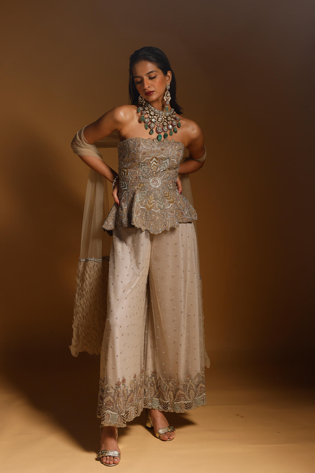 Nude Hand Embroidered Pepum Corset With Sharara And Smocked Stole