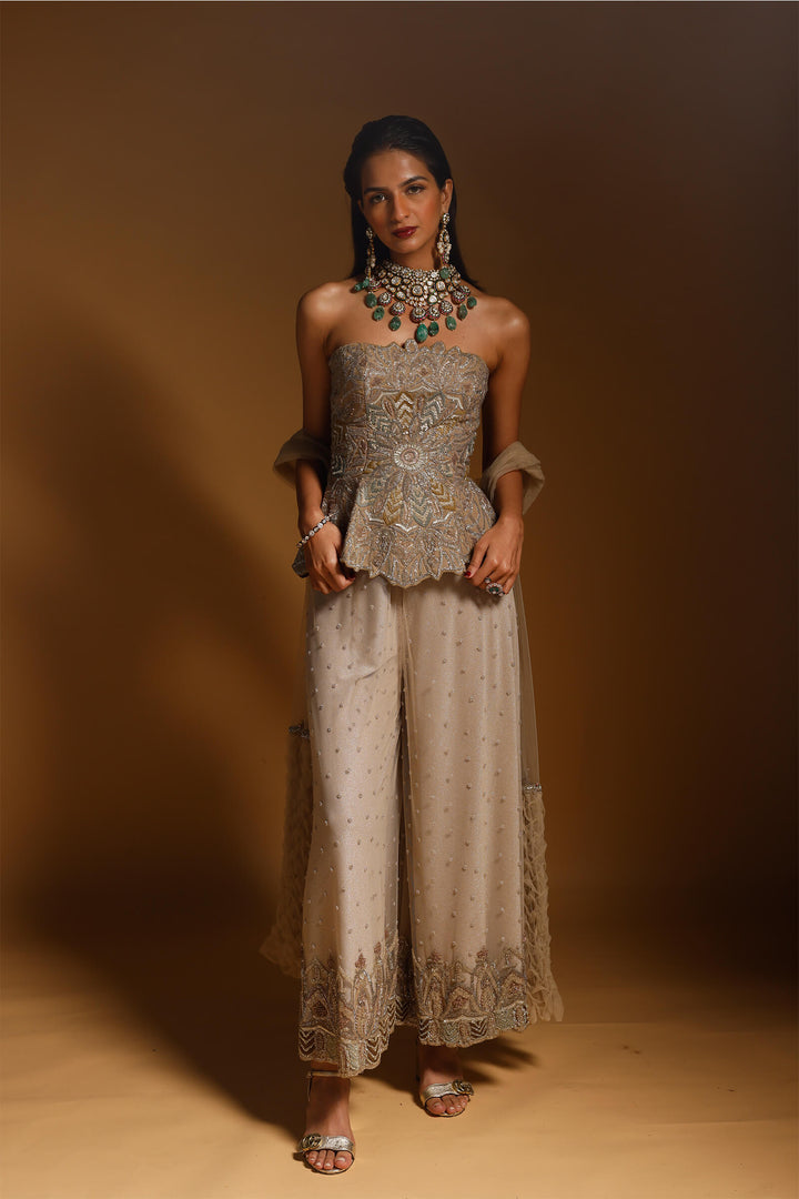 Nude Hand Embroidered Pepum Corset With Sharara And Smocked Stole
