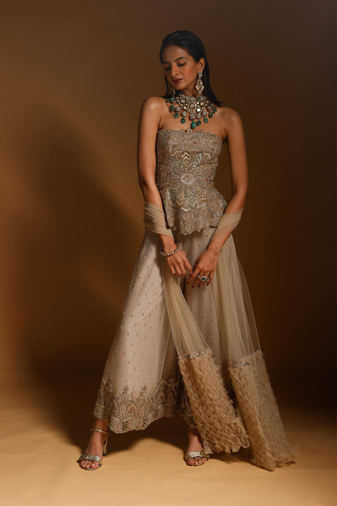 Nude Hand Embroidered Pepum Corset With Sharara And Smocked Stole