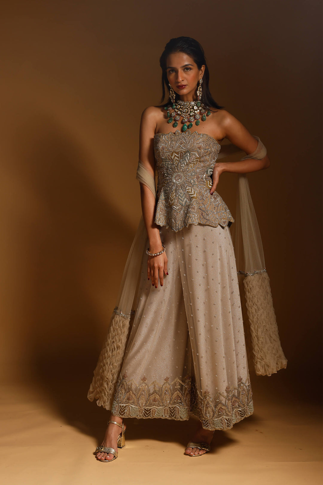 Nude Hand Embroidered Pepum Corset With Sharara And Smocked Stole