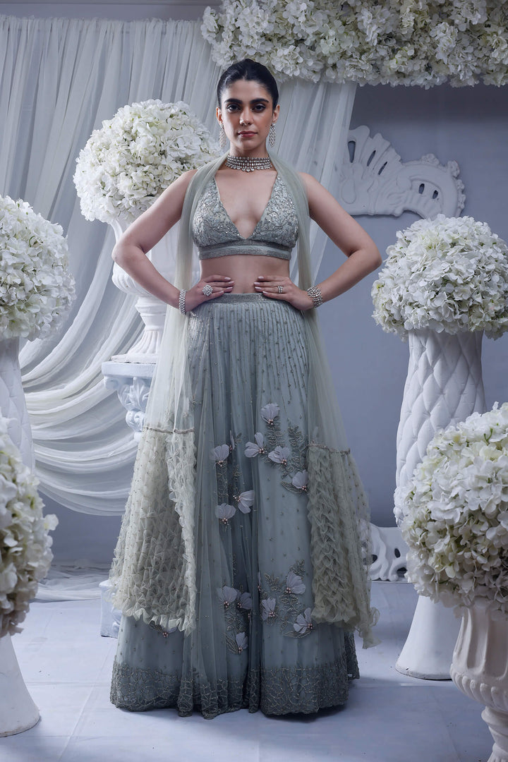 Mint Bloom Lehenga With Mint Hand Embroidered Blouse And Smocked Stole