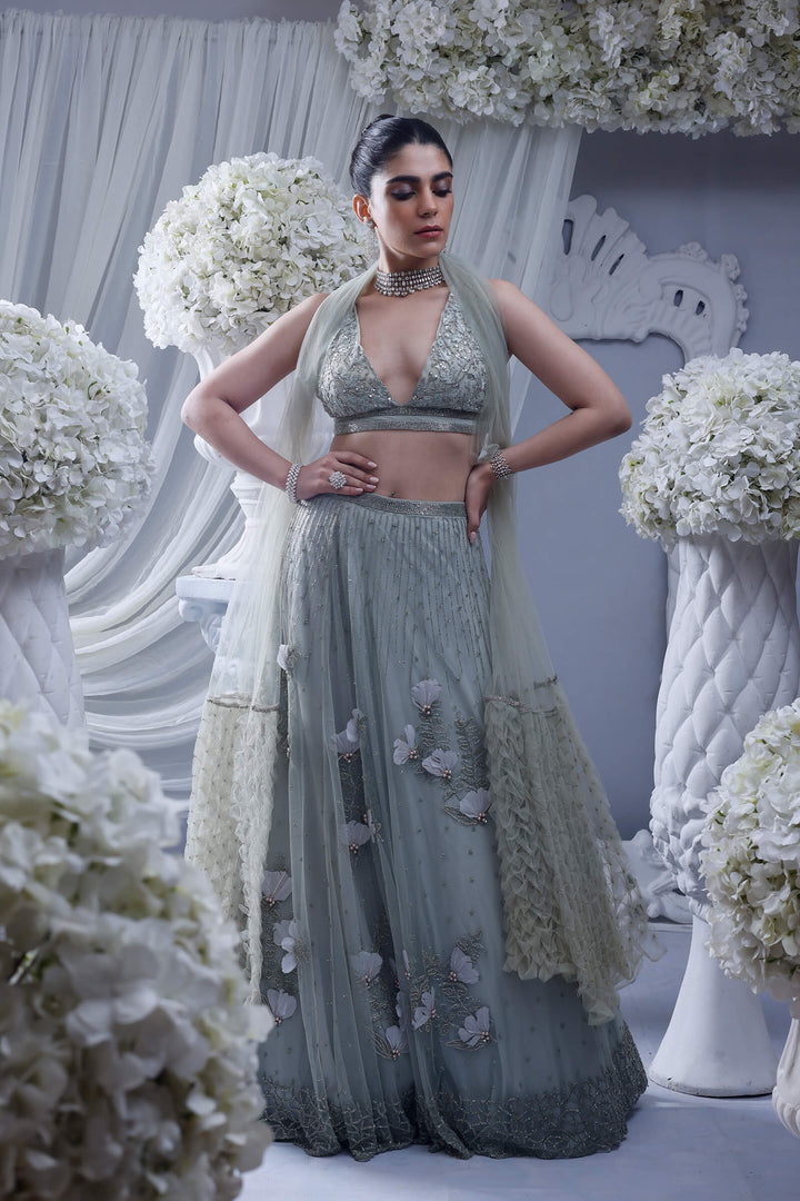 Mint Bloom Lehenga With Mint Hand Embroidered Blouse And Smocked Stole