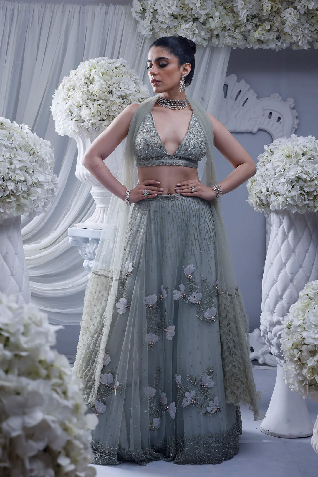 Mint Bloom Lehenga With Mint Hand Embroidered Blouse And Smocked Stole
