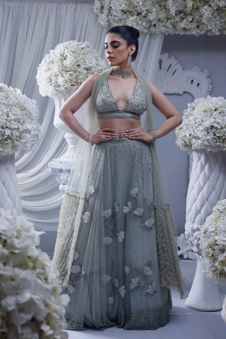 Mint Bloom Lehenga With Mint Hand Embroidered Blouse And Smocked Stole