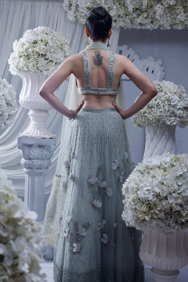 Mint Bloom Lehenga With Mint Hand Embroidered Blouse And Smocked Stole