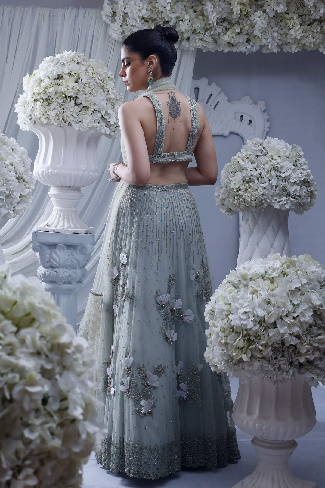 Mint Bloom Lehenga With Mint Hand Embroidered Blouse And Smocked Stole