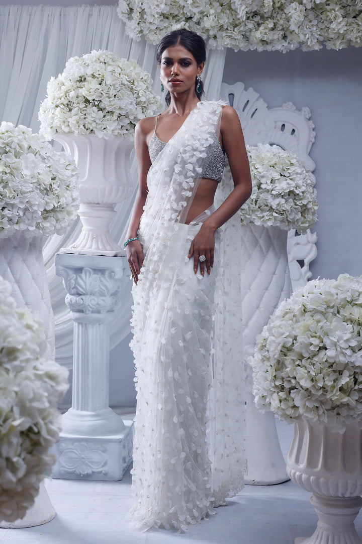 White 3d Petal Prestitched Saree With Sequin Blouse
