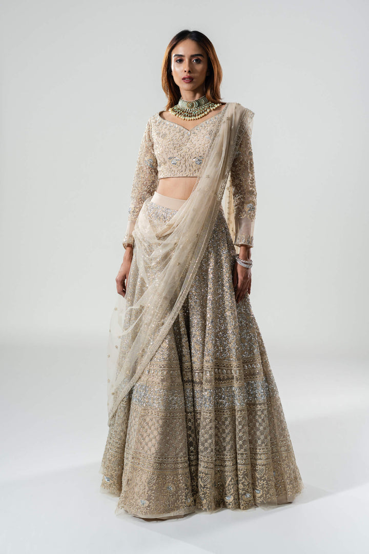 Beige Thread Work Lehenga With Blouse And Dupatta