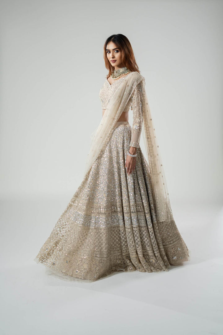 Beige Thread Work Lehenga With Blouse And Dupatta