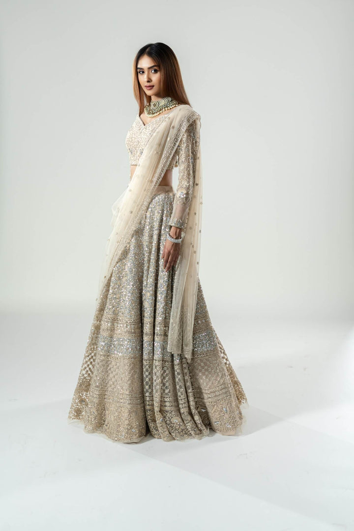 Beige Thread Work Lehenga With Blouse And Dupatta